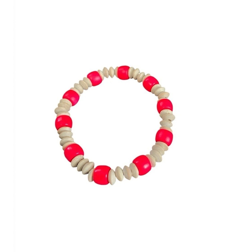 Vintage Retro Fun Neon Wooden Beaded Stretch Bracelet